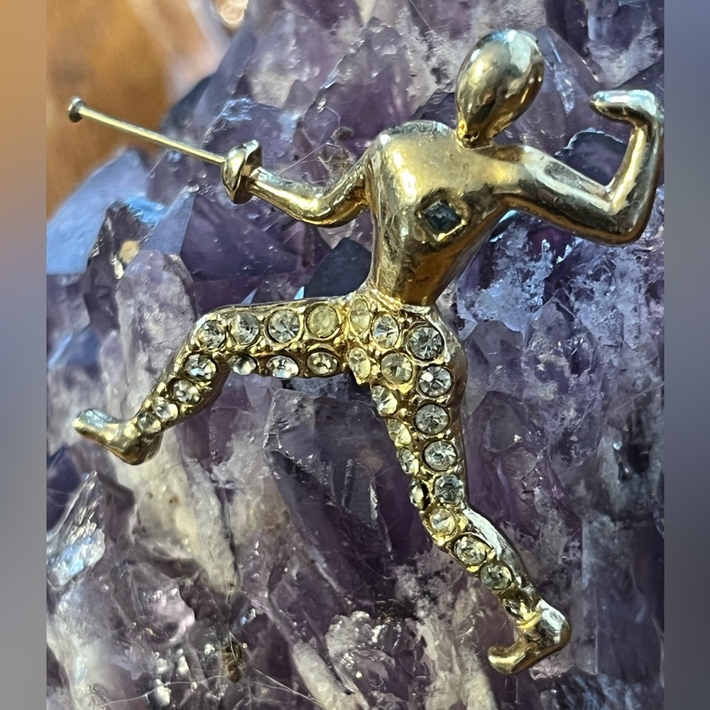 Stunning Rare Vintage Antique Gold Fencer Unique Fencing Brooch with Rhinestones